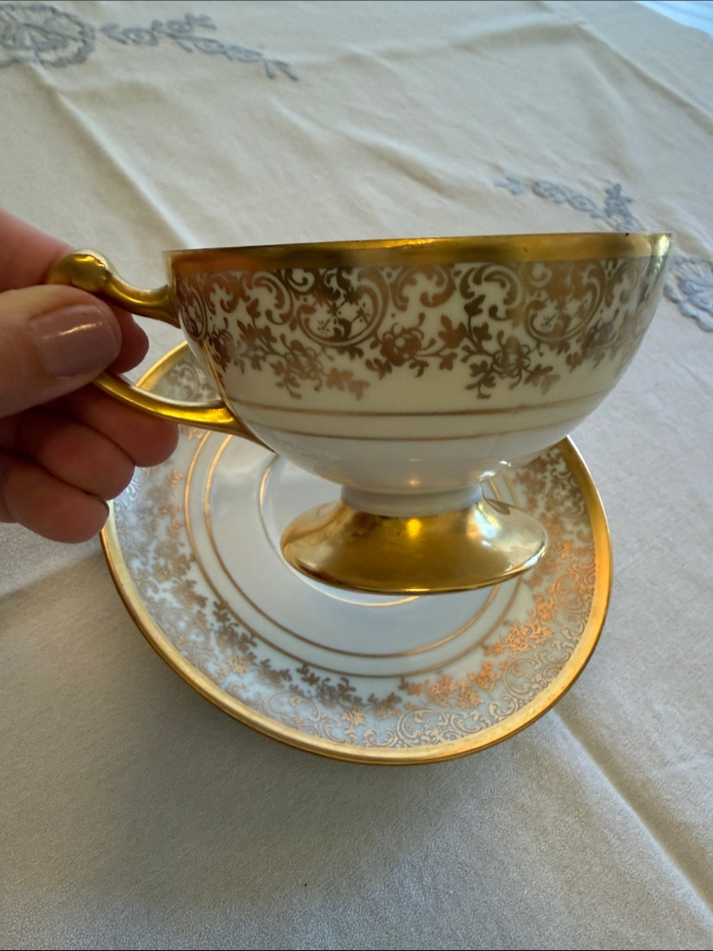 Gold-Accent Porcelain Teacup and Saucer Set